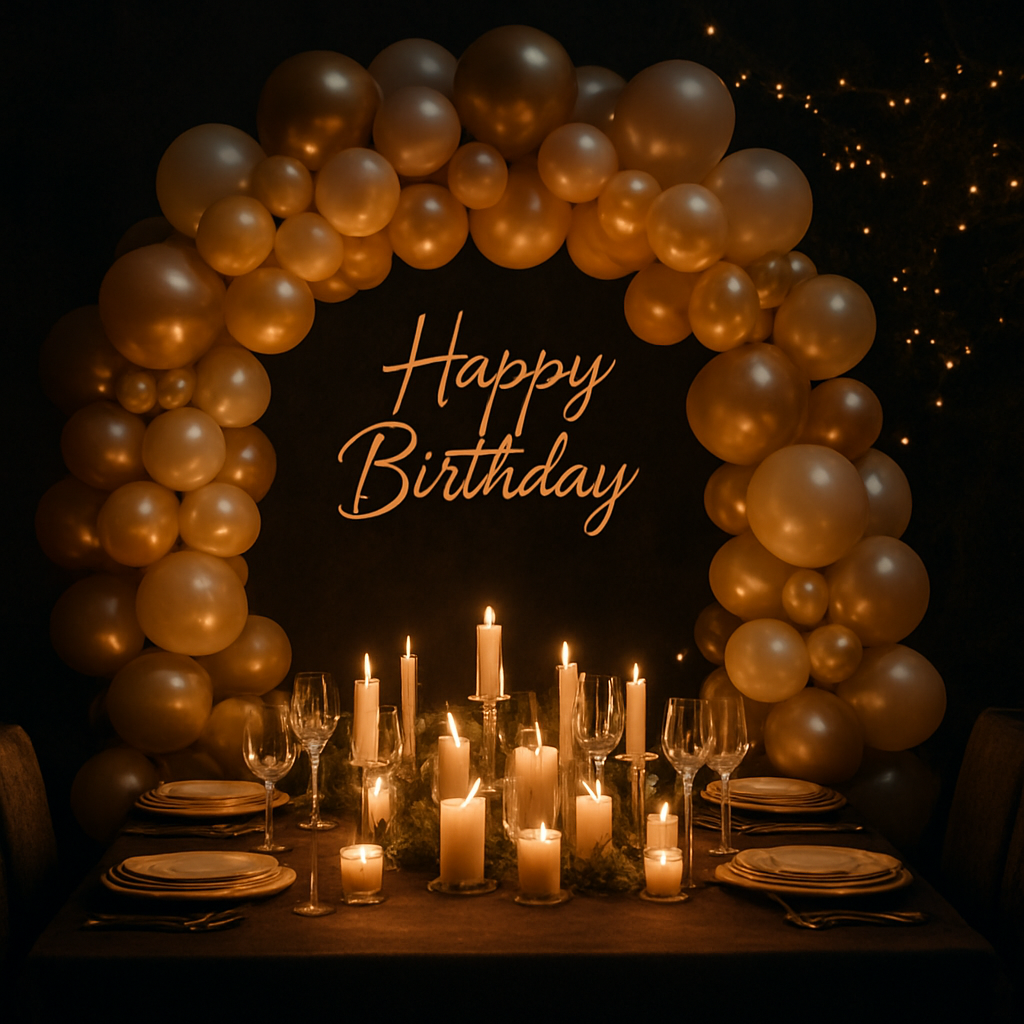 Elegant private birthday party decoration with balloons and warm lighting