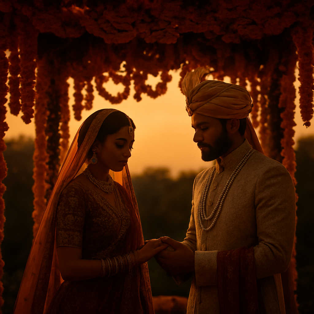 Indian wedding couple under floral mandap