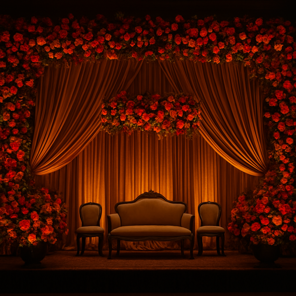 Sangeet stage decoration with vibrant flowers