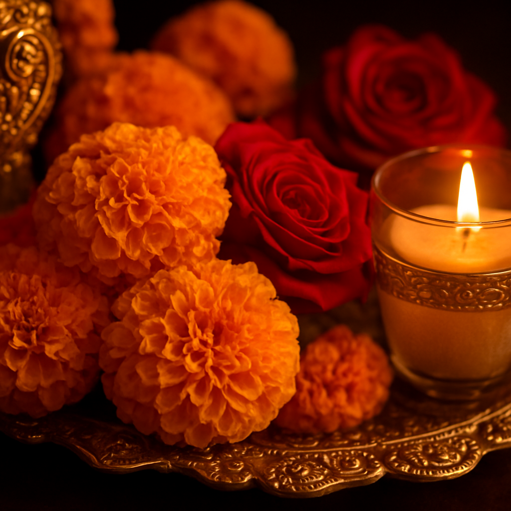 Close up of floral and candle decoration detail